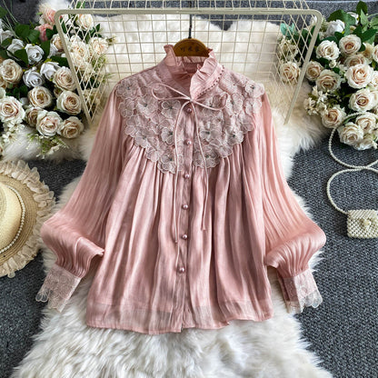 Womens Solid-color Intricately Beaded Three-dimensional Floral Ruffle-neck Blouse