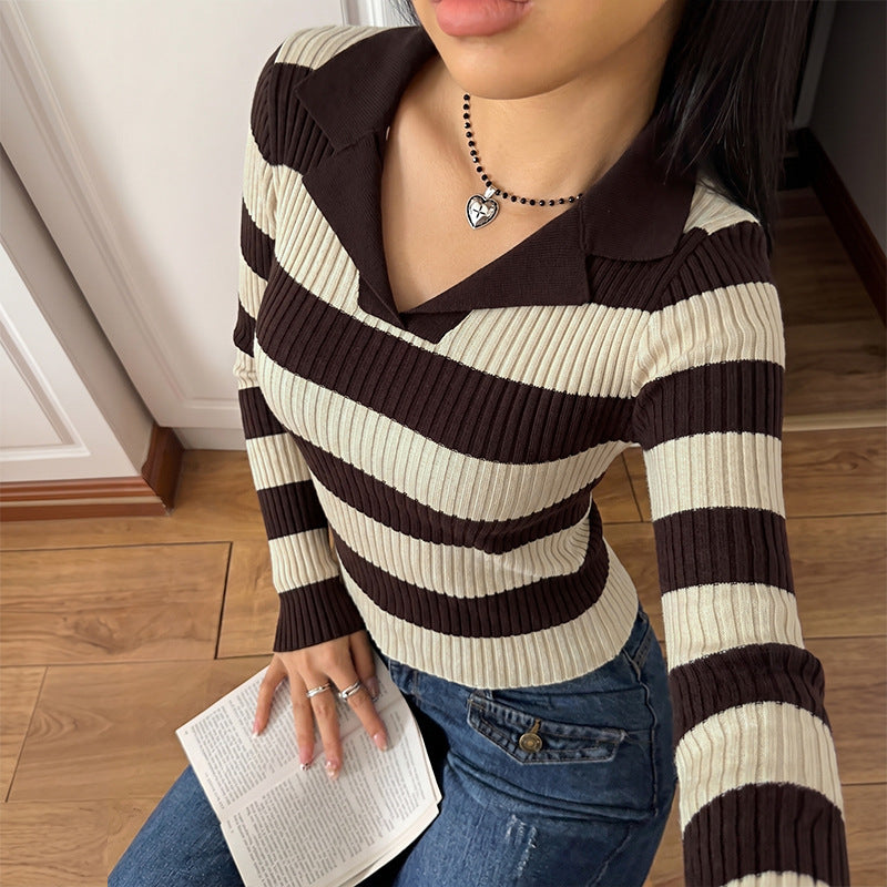Notch-Neck Slim-Fit Knitted Sweater For Women