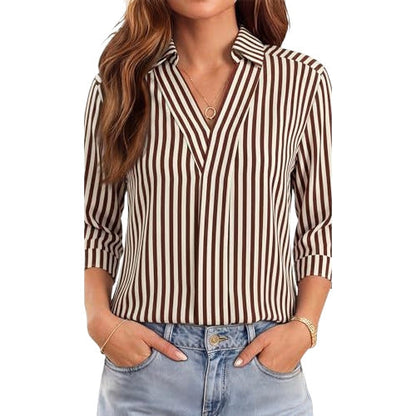 Womens Casual Striped Blouse With Three-quarter Sleeves