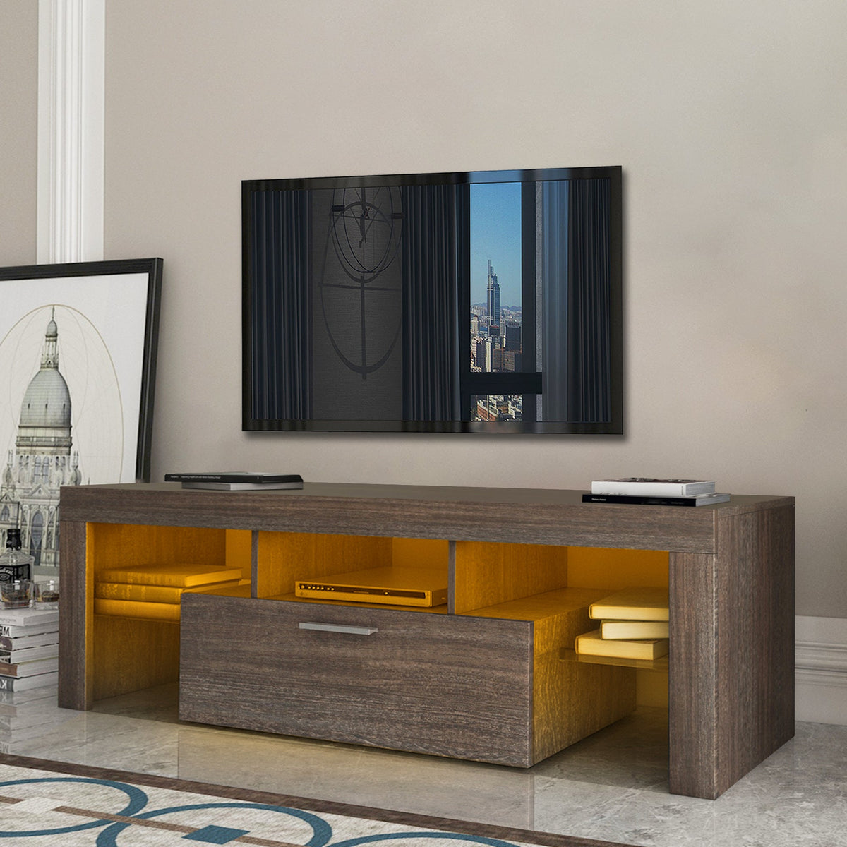 20 minutes quick assembly brown simple modern TV stand Brown TV bracket with LED Color Changing Lights for Living Room