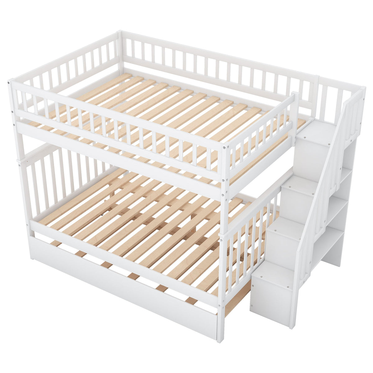 Full over Full Bunk Bed with Trundle and Staircase White