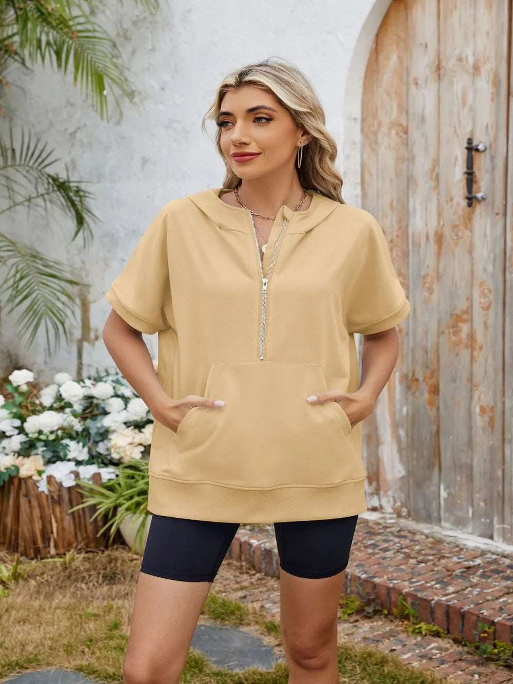 Half Zip Short Sleeve Hooded Top