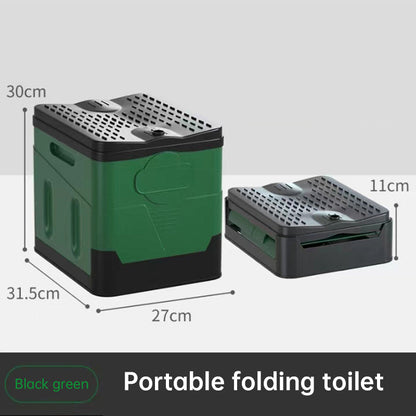 Portable folding camping toilet: adult/child use, self-contained, with lid and seat.