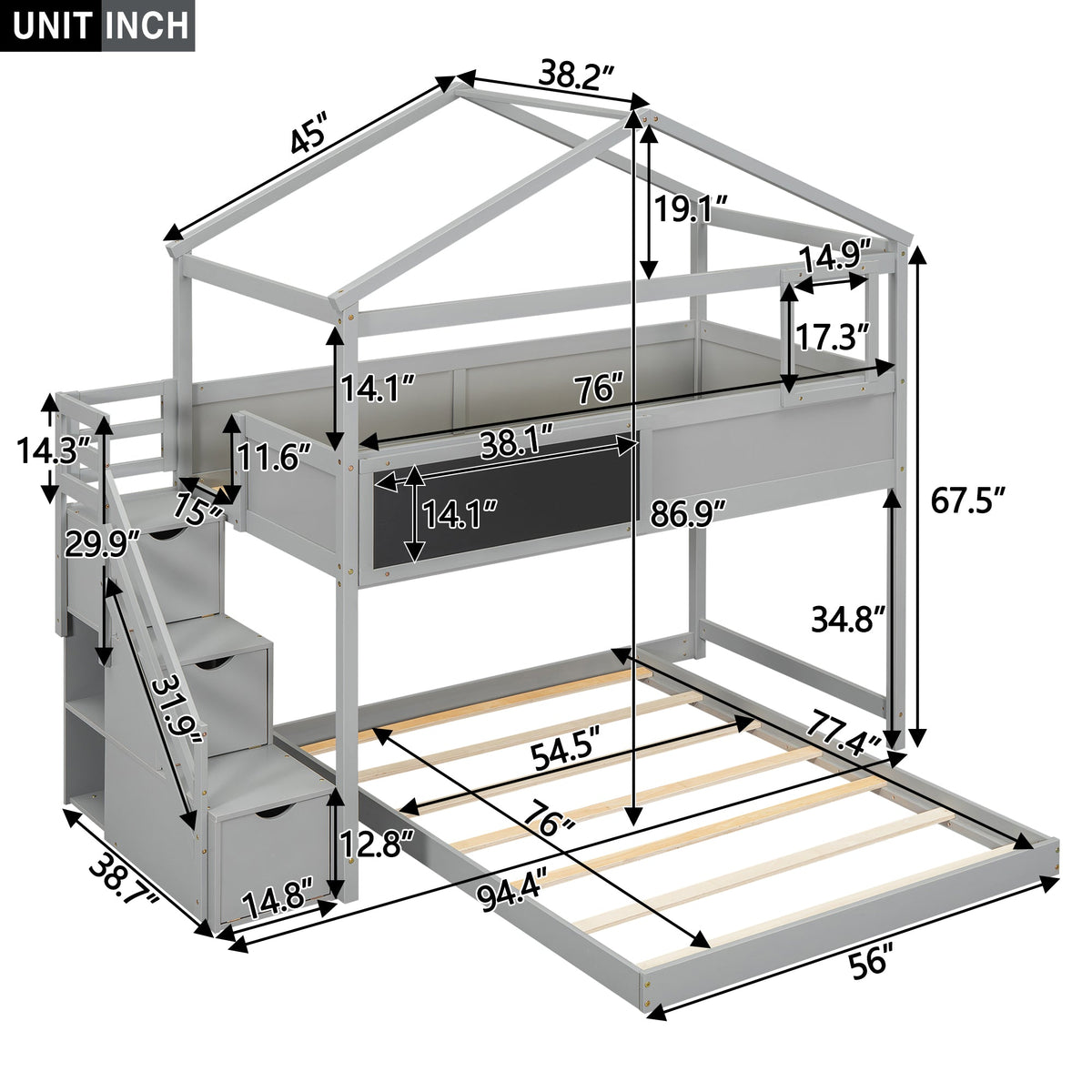 Twin over Full House Bunk Bed with Storage Staircase and Blackboard Gray