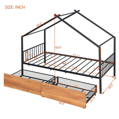 Twin Size Metal House Bed with Two Drawers, Black