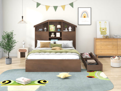 Full Size Wood Platform Bed with House-shaped Storage Headboard and 2 Drawers Walnut
