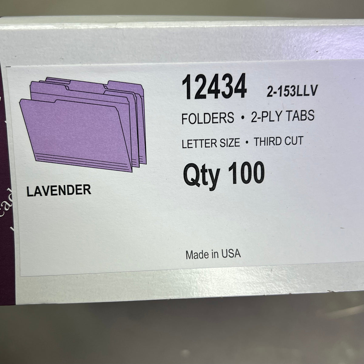 SMEAD (100 PACK) Reinforced File Folder Letter Sz 1/3 Cut Tab Lavender 12434