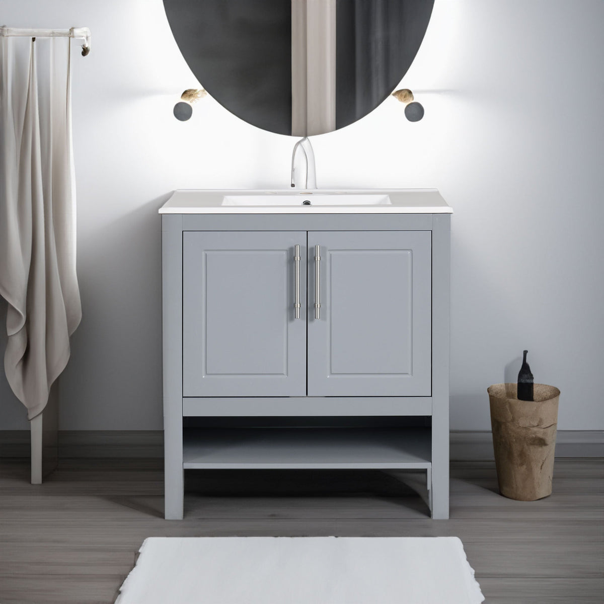 30" Bathroom Vanity with Sink, Multi-functional Bathroom Cabinet with Doors and Drawers, Solid Frame and MDF Board, Grey