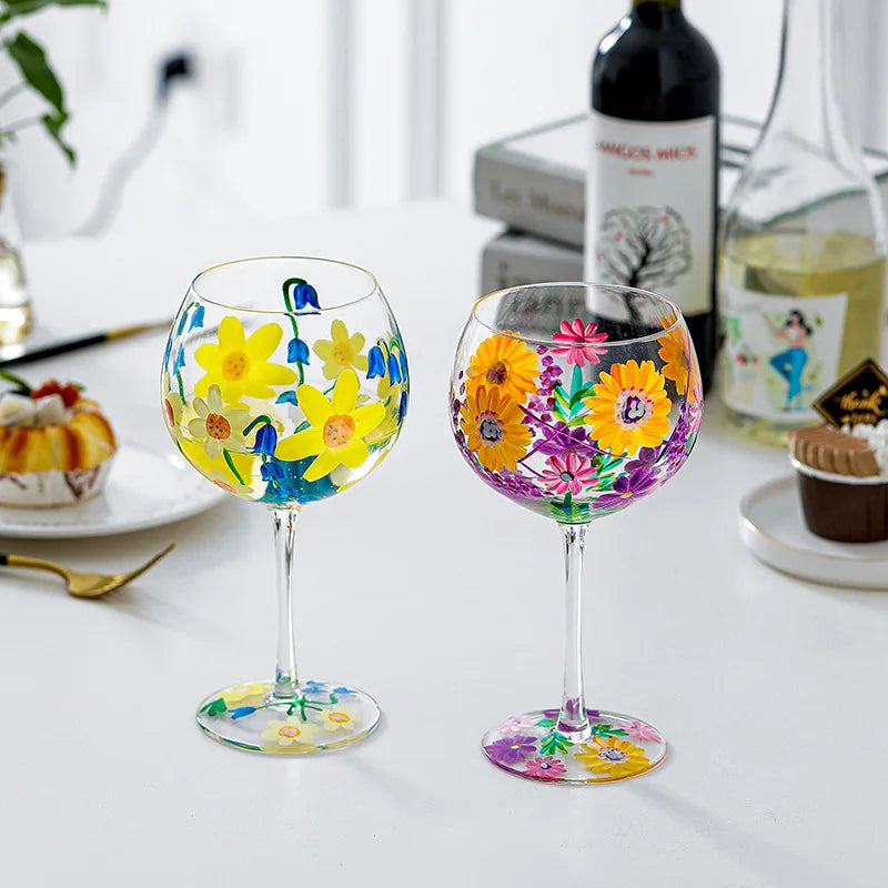 Nordic Colored Glass Wine Glasses Creative Hand-Painted Flowers Wine Glass Household Painted Goblet Crystal Champagne Drinkware
