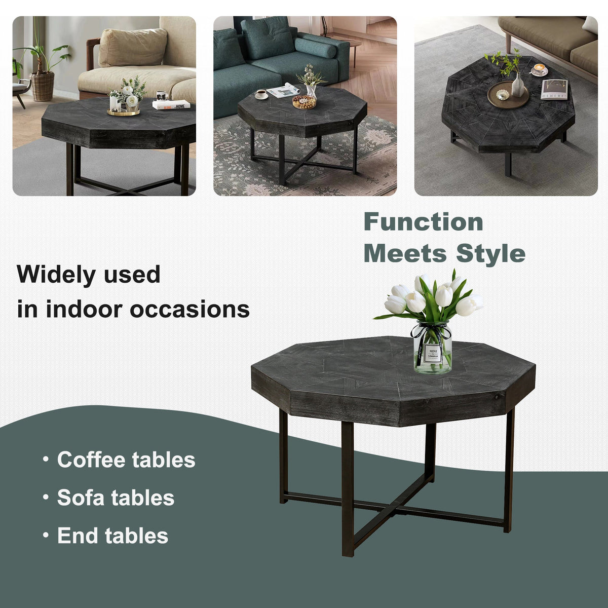 Wooden octagonal retro patchwork craft 30 inch wooden tabletop cross metal leg coffee table (Antique Black)