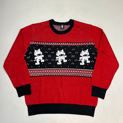 MONSTERCAT Records Holiday Intarsia Pullover Sweater Men's Sz XL Deep Red/Black