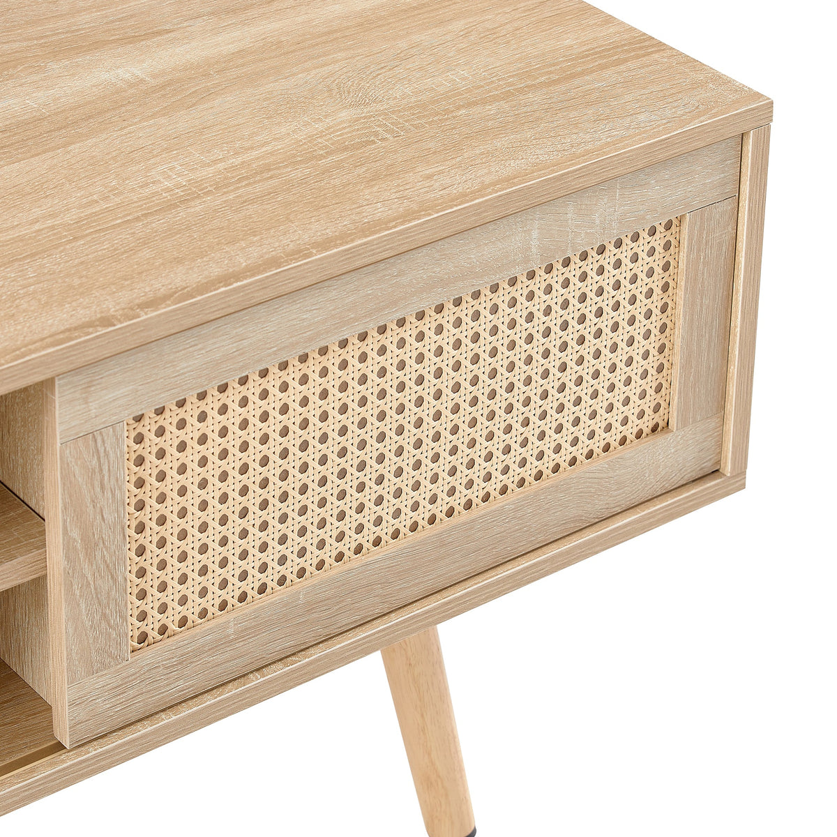 55.12" Rattan TV cabinet double sliding doors for storage adjustable shelf solid wood legs TV console for living room natural