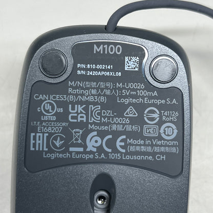 LOGITECH Full-Size USB Wired Mouse 4.5" x 2.5" Black M100
