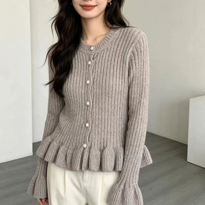 Korean-style Flared-sleeve Ruffled Long-sleeved Knitted Top, Elegant Blouse
