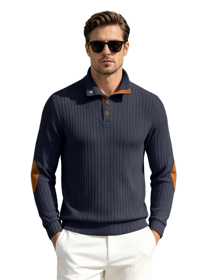 Men's Stand Collar Textured Jacquard Sleeve Patch Sweatshirt, American-Style Plus Size Casual Sports Polo Shirt For Export