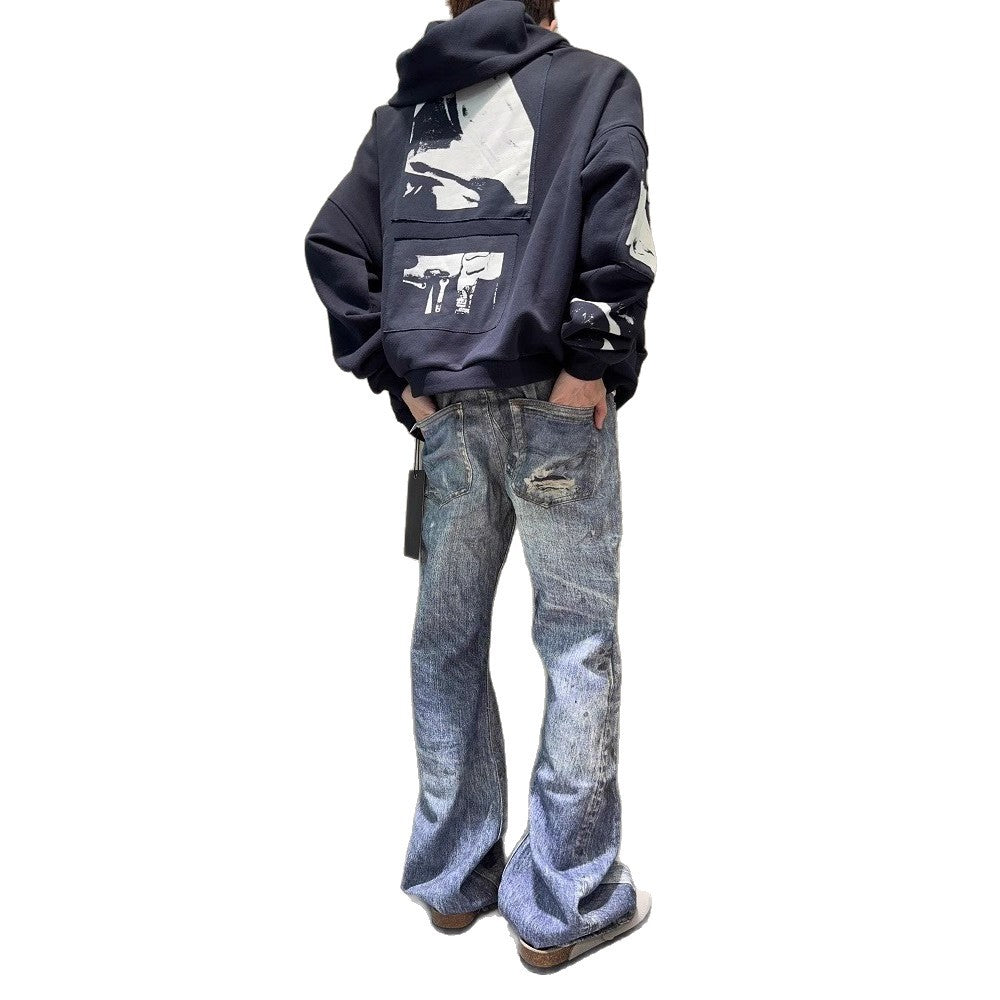 Digital-printed Stained Blue Bootcut Jeans