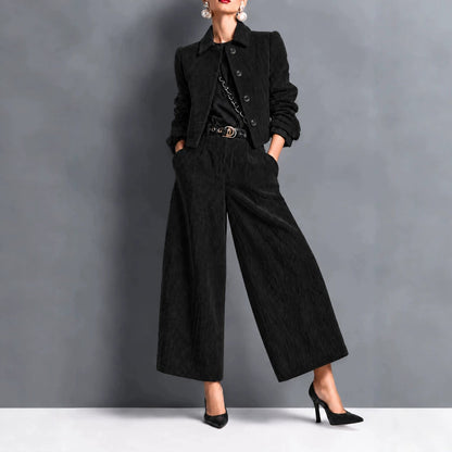 Corduroy Cropped Jacket And Wide-leg Pants Set