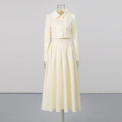 Elegant Figure-flattering Short Beaded Top Paired With A High-waisted Skirt Two-piece Set