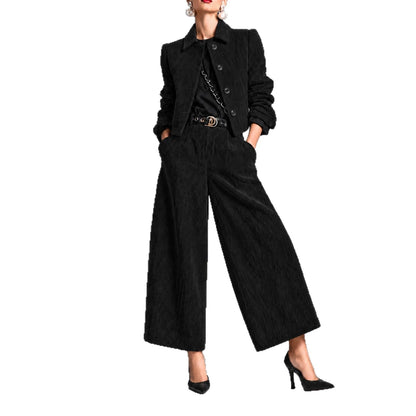 Corduroy Cropped Jacket And Wide-leg Pants Set