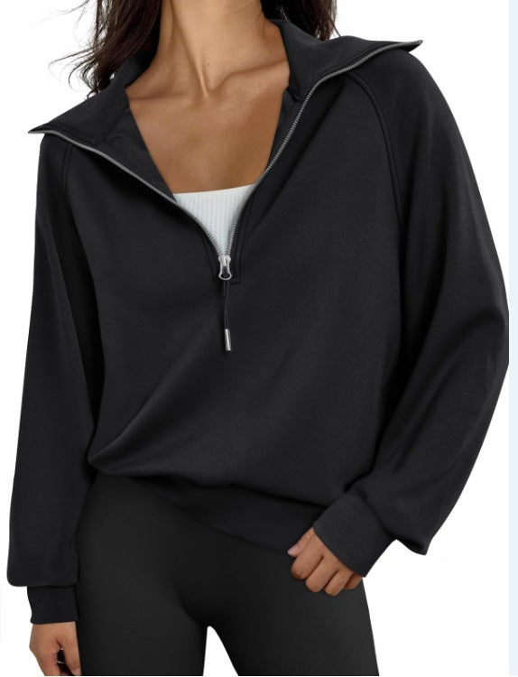 Women's Short Stand-collar Half-zip Fleece-lined Solid-color Sweatshirt