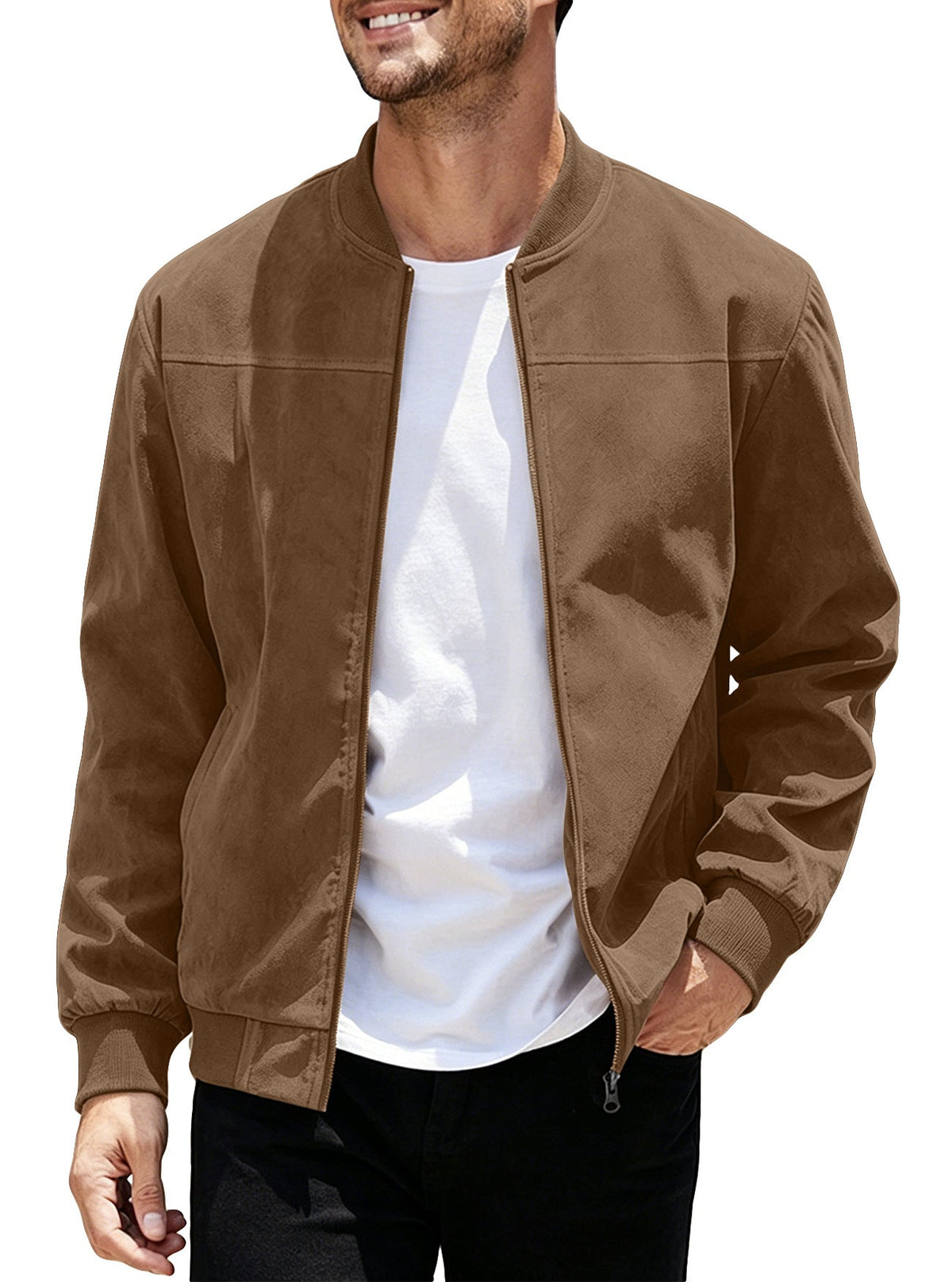 Cross-Border European And American  Men's Suede Zipper Jacket With Solid Color Patchwork Design, Simple Solid Color Outerwear