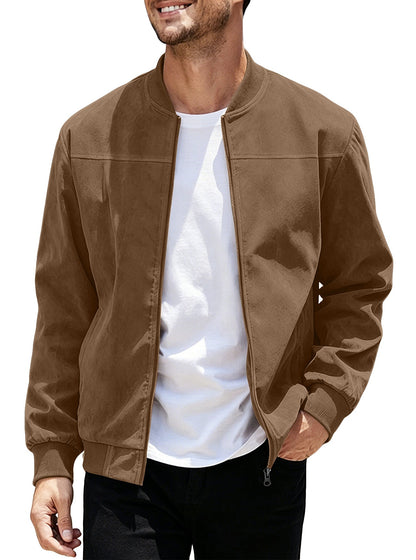 Cross-Border European And American  Men's Suede Zipper Jacket With Solid Color Patchwork Design, Simple Solid Color Outerwear