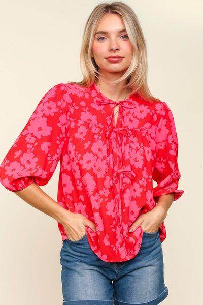 Haptics Full Size Ribbon Bow Floral Balloon Sleeve Blouse