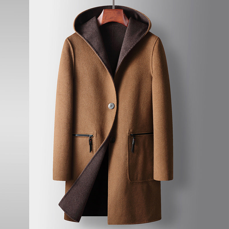 Mens Mid-Length Wool Coat With A Hood Reversible Style
