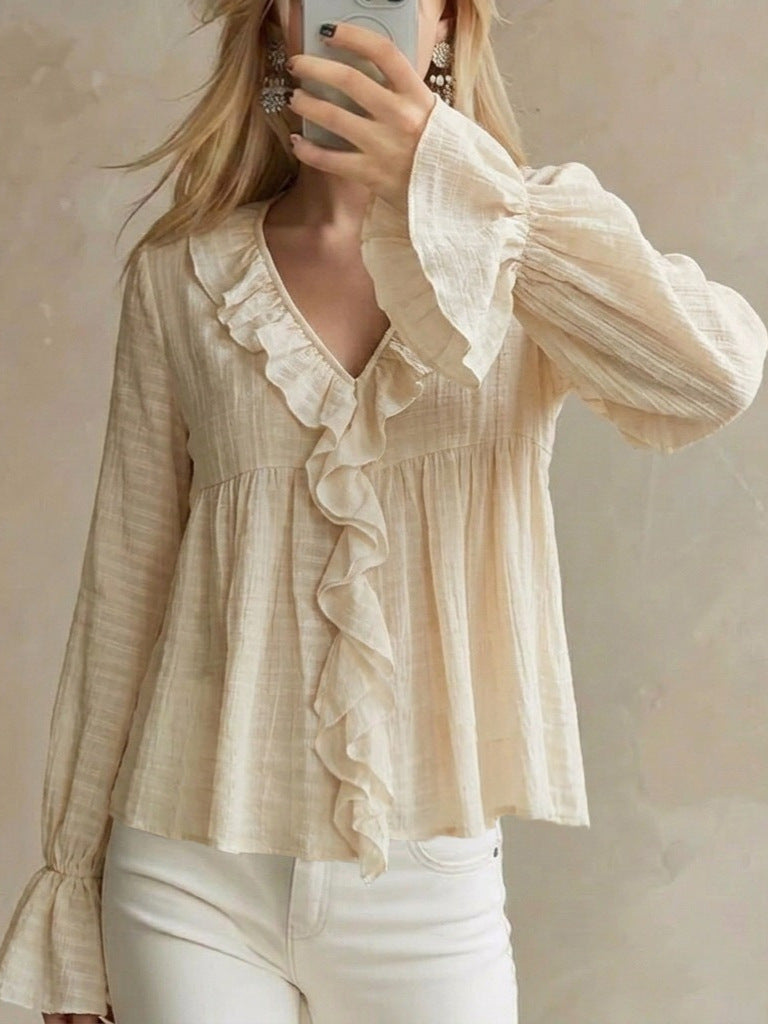 Casual Thin Ruffle Collar Flared Long Sleeve Shirt Top
