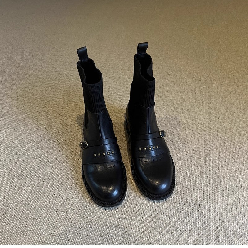 Rivet Belt Buckle Stretch Skinny Black Sock Ankle Boots