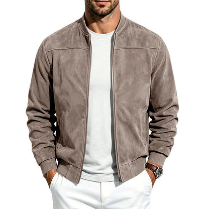 Suede Long Sleeve Zip Up Jacket Men's Casual Outerwear With Full Zip Closure
