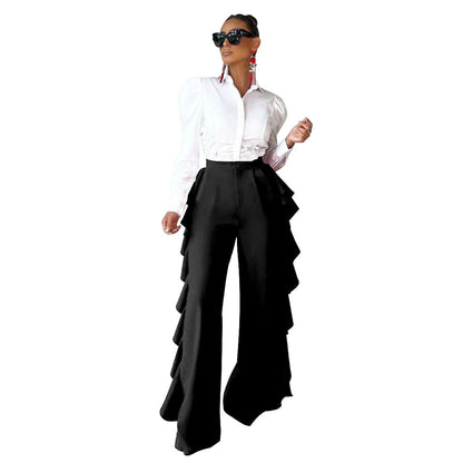 Ruffle Trimmed High-waisted Wide-leg Pants