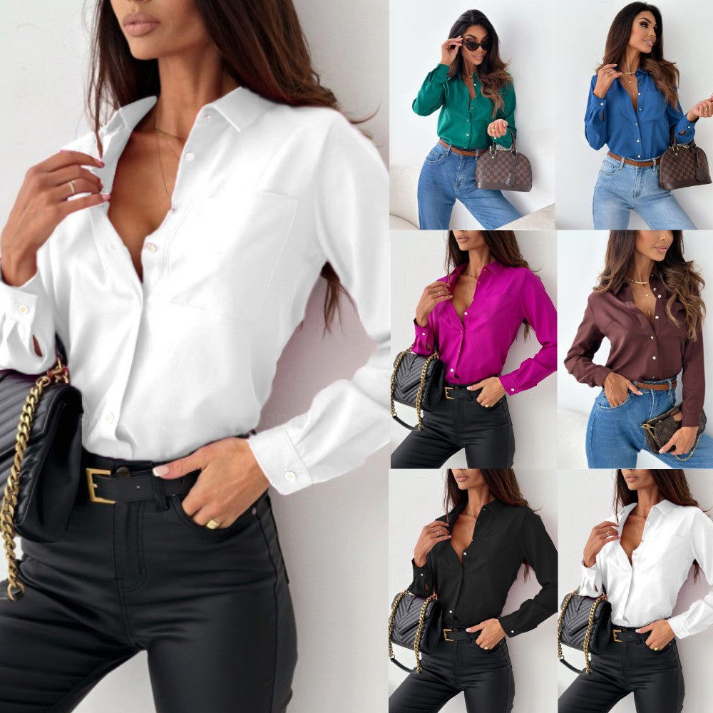 Autumn Solid V-Neck Blouse For Women, Minimalist Style