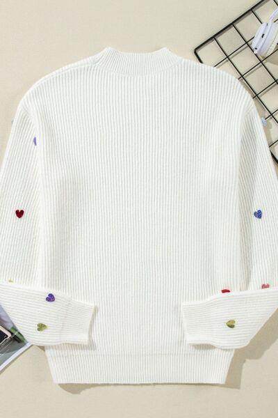 Heart Sequin Round Neck Long Sleeve Sweater for Women