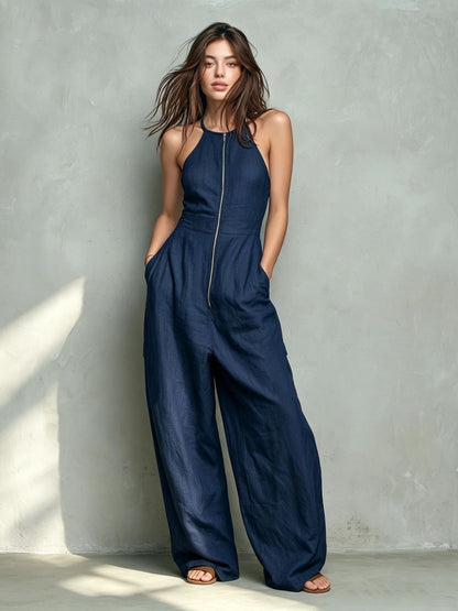 Womens Solid-color Zip-front Backless Wide-leg Relaxed-fit Jumpsuit