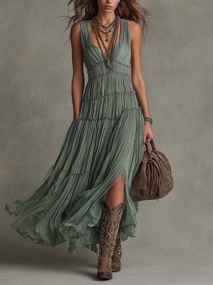 Womens Round-neck Sleeveless Loose-fitting Pleated Dress