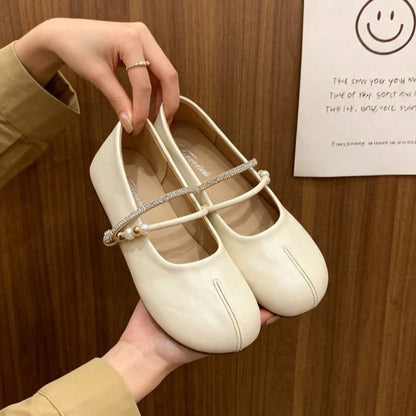 Women Gentle Minimalist Double Rhinestone Pearl Strap Flats,  Matching Casual Daily  Loafer Slippers