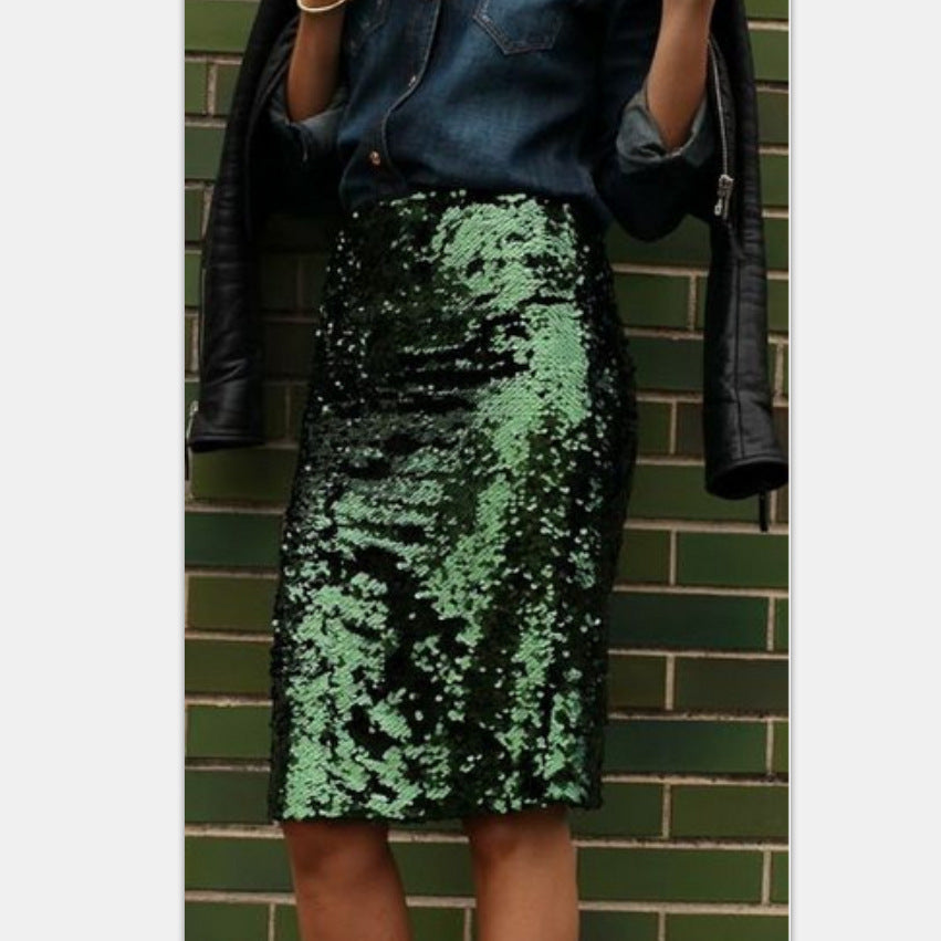 Illusion-Iridescent Laser-Green Sequined Bodycon Midi Skirt