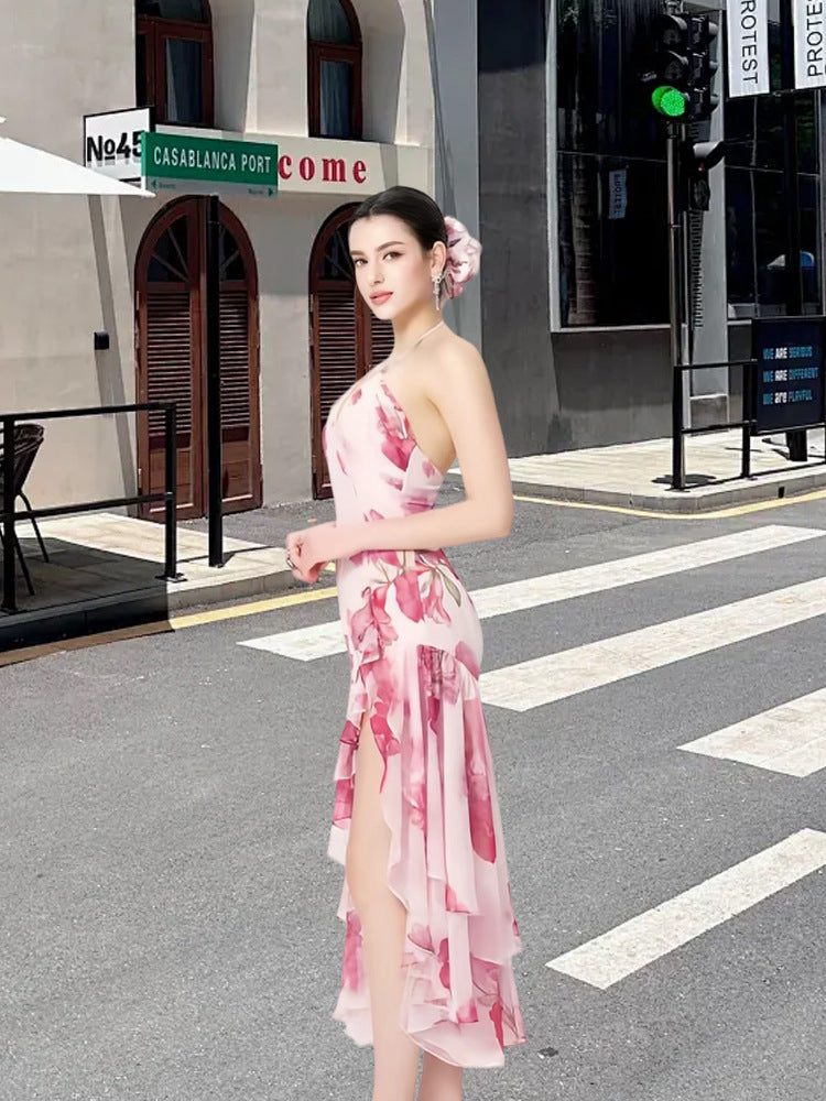 Womens Chic Seaside Vacation-style Printed Halter-neck Dress