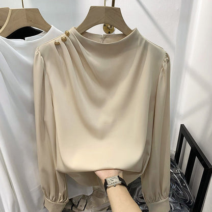 Shoulder-studded Beaded Pullover Long-sleeve Chiffon Blouse For Women