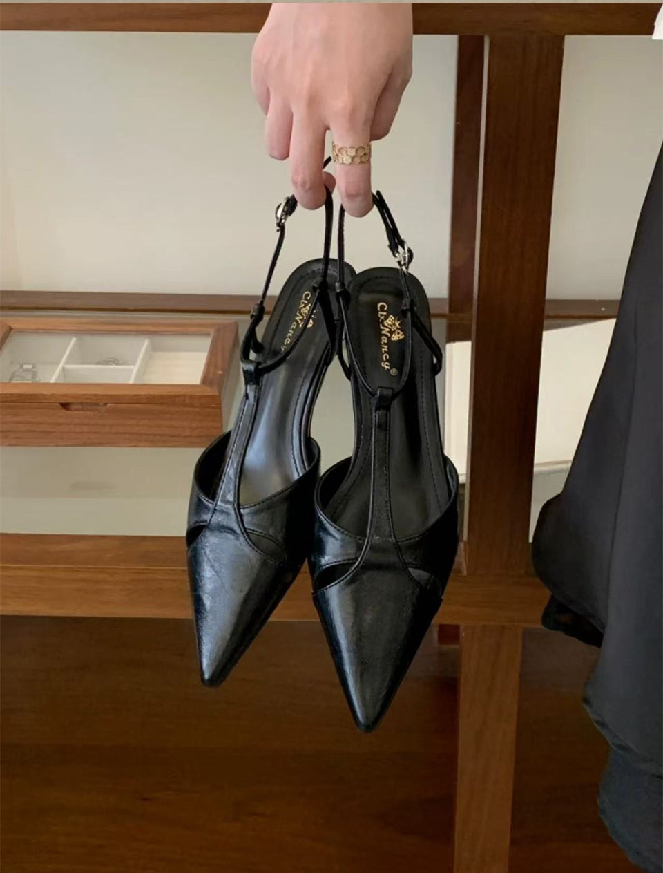 Women Elegant Minimalist T-Strap Hollow Cutout Pointed Toe Low Slim Stiletto Slingback Pumps, Matching Casual Daily  Heels