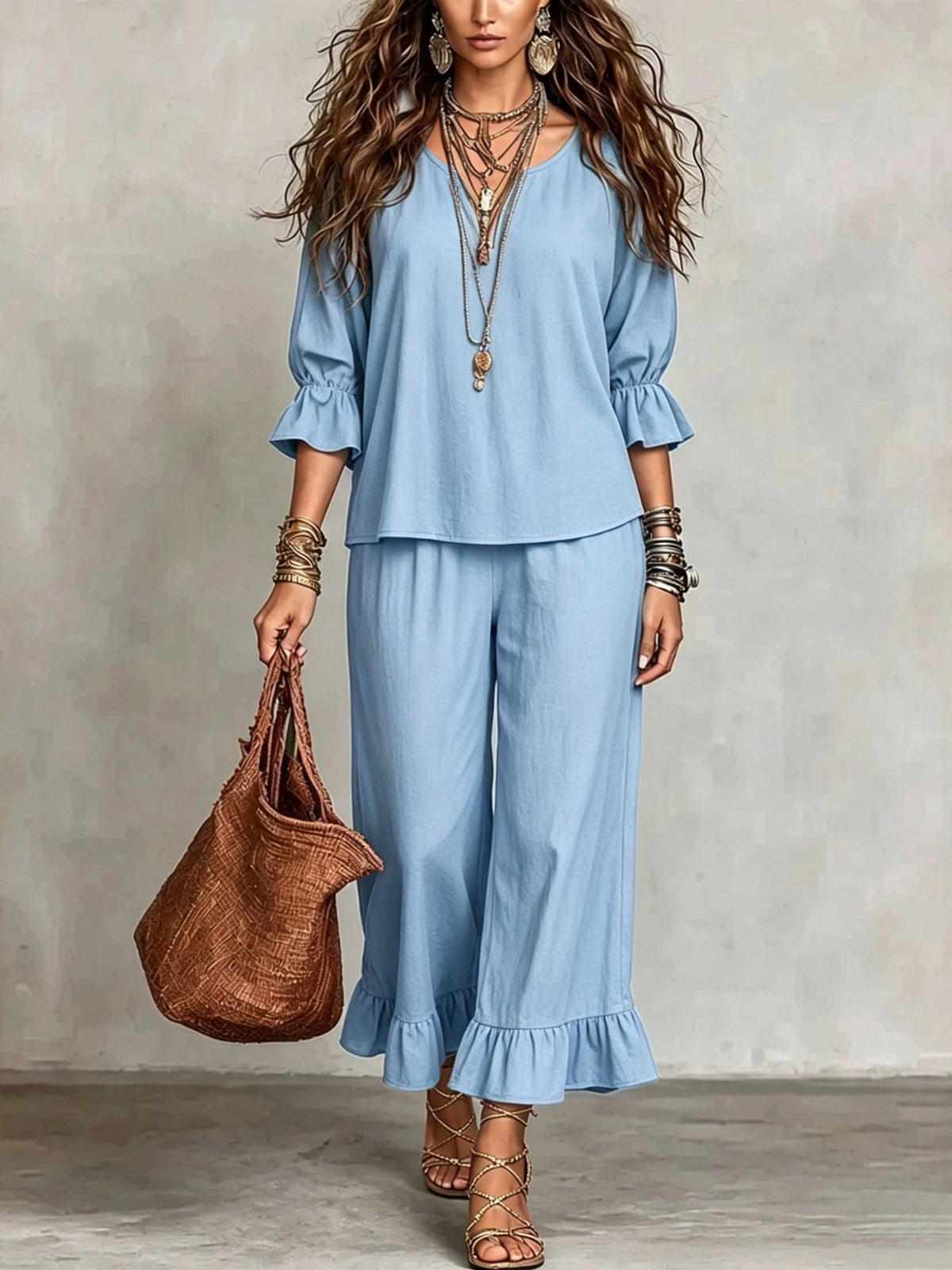 Women's Solid-color Loose-fit Casual Button-up Set