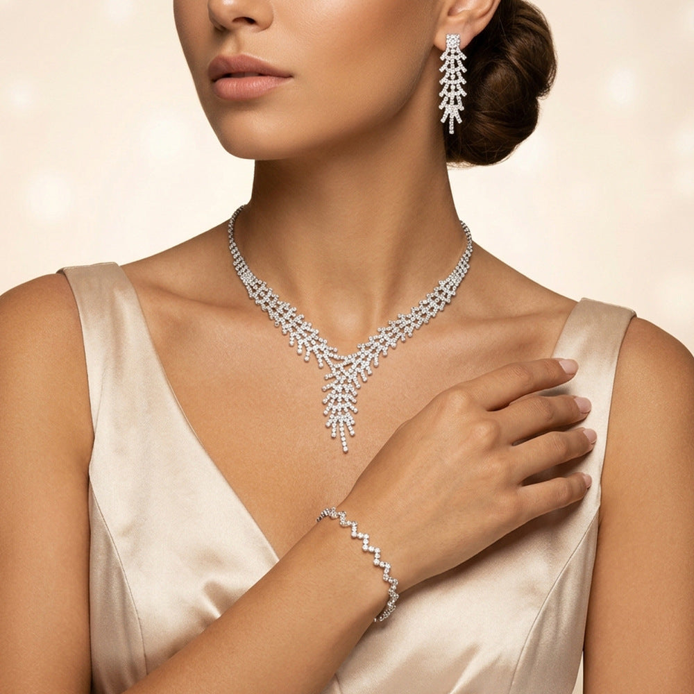 Metal Rhinestone Wedding Necklace And Earrings Jewelry Set
