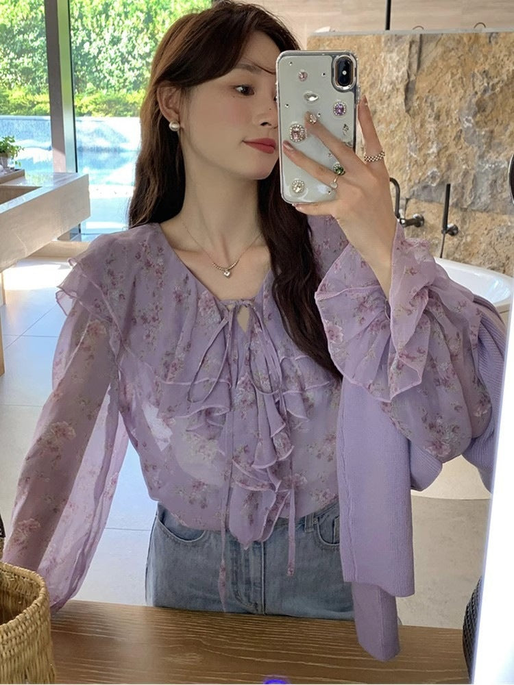 Womens Versatile Floral-print Bow-tie Lace-up Blouse