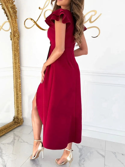 Surplice Ruffled Cap Sleeve Dress