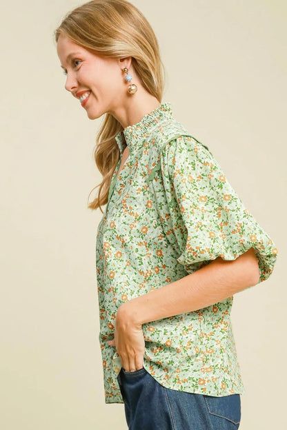 Umgee Full Size Floral Print Puff Sleeve Top Plus Size