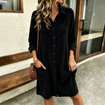 Autumn New Womens Corduroy Shirt Dress With A Turn-down Collar And Single-breasted Design