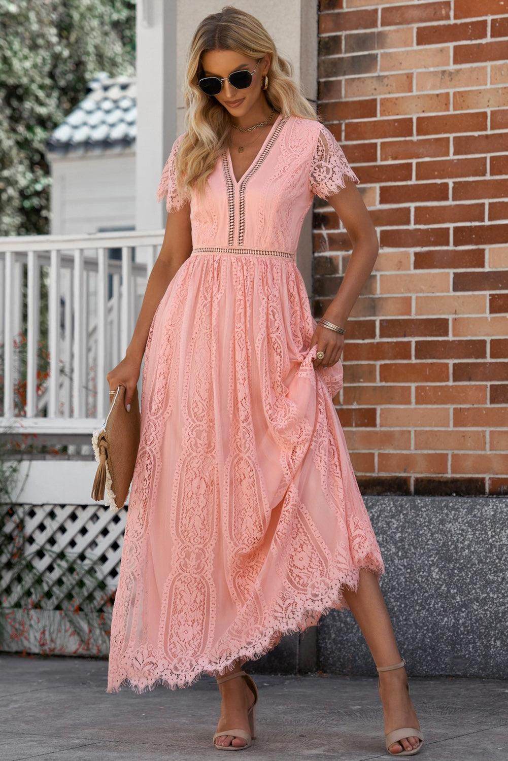 Scalloped Trim Lace Plunge Dress for Elegant Occasions