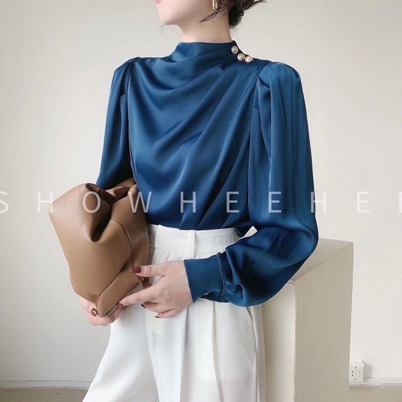 Shoulder-studded Beaded Pullover Long-sleeve Chiffon Blouse For Women
