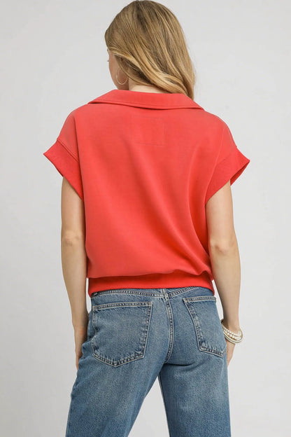 Umgee Luxe Knit Collared Short Sleeve Polo Sweatshirt